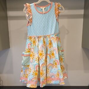 Matilda Jane Light Blue Sun & Rainbow Ruffle Dress with Pink Trim